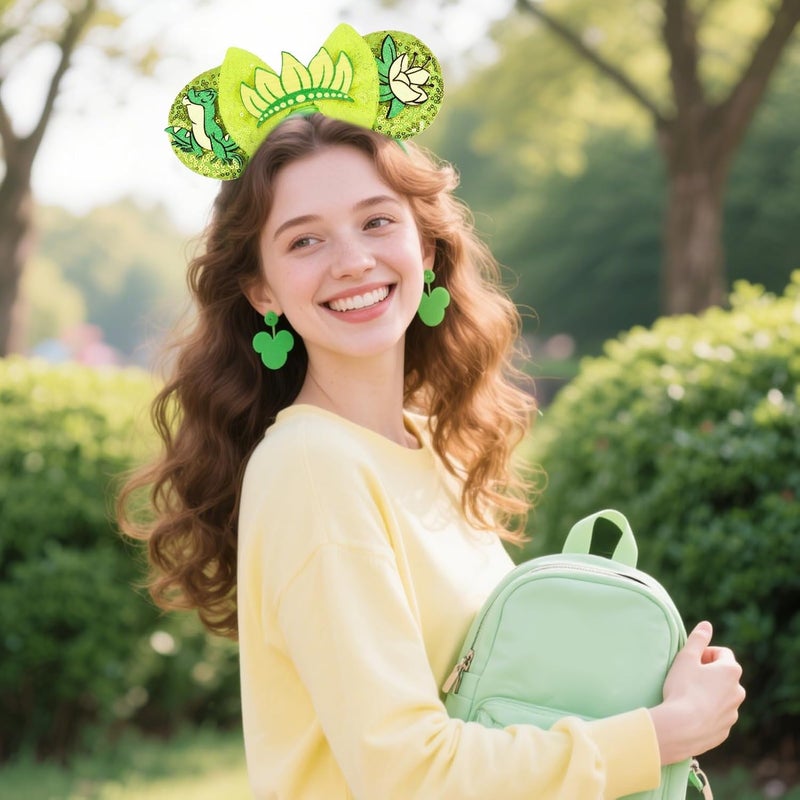 ETLUK Mouse Ears Headband，Princess Green Mouse Ears for Adult Women Girls, Frog Parks Ears with Sequin Bow for Cosplay Accessories Party - Image 4